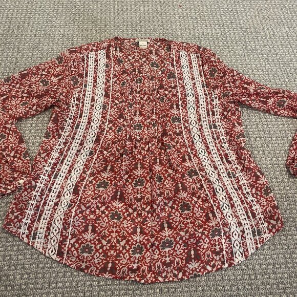 Lucky Brand Blouse Womens Large Embroidered Pintuck Peasant Red Floral Boho - Picture 1 of 8